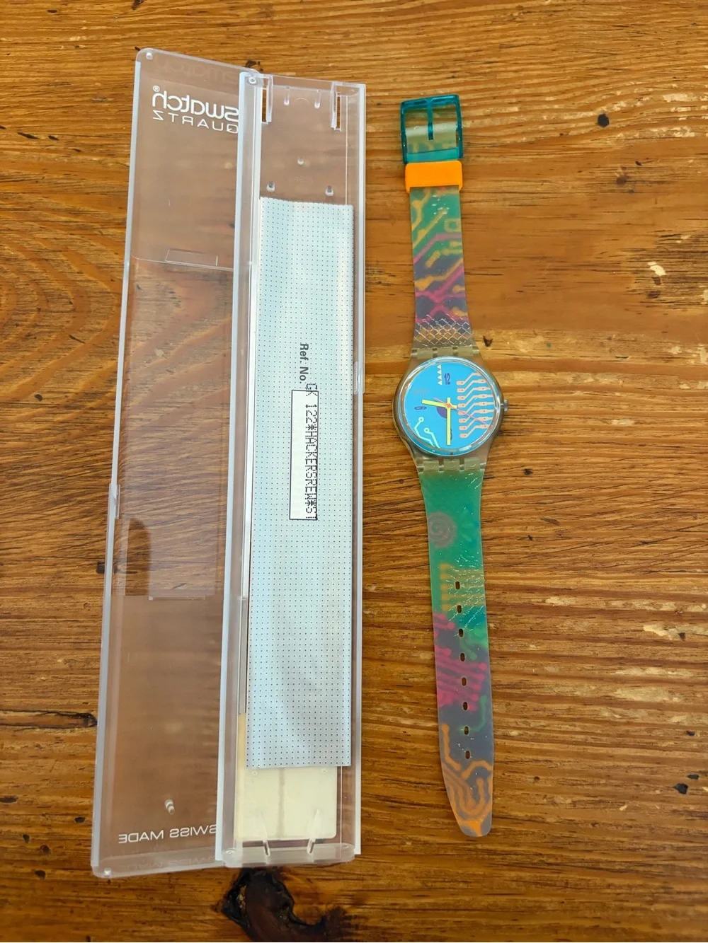 Swatch Multicolor Strap Watch - Blue Dial, Green & Orange Accents